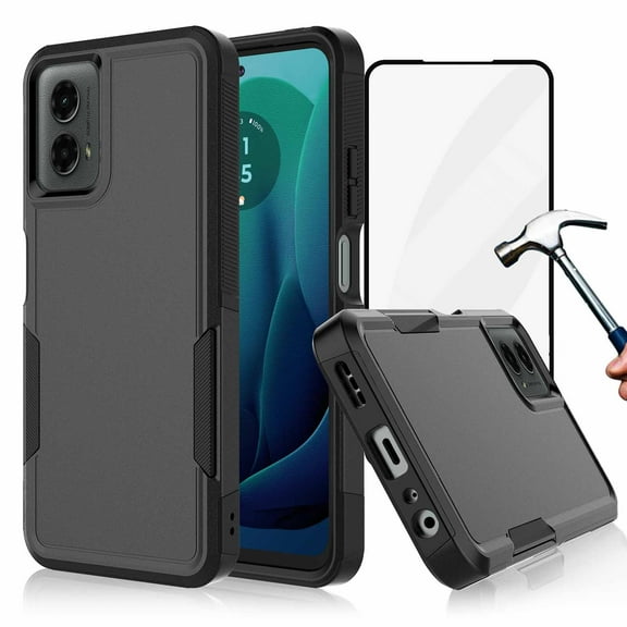 For Motorola Moto G 5G 2024 Phone Case,with Tempered Glass Screen Protector, Heavy Duty Rugged Shockproof Full Body Protection Sturdy Durable Cover Cute Bumper for Moto G 5G 2024 -Black