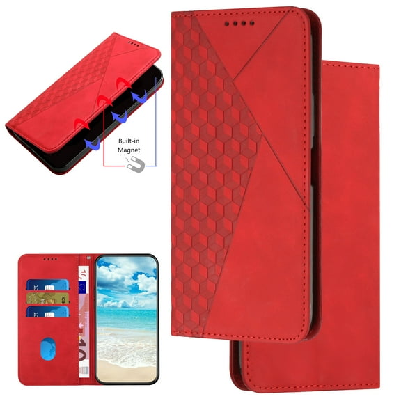 Motorola Moto G 5G (2024) Premium PU Leather Case Diamond Patterned, Wallet Folio Case Book Design Magnetic Closure with Kickstand and ID Holder Credit Card Slots Shockproof Phone Case,Red