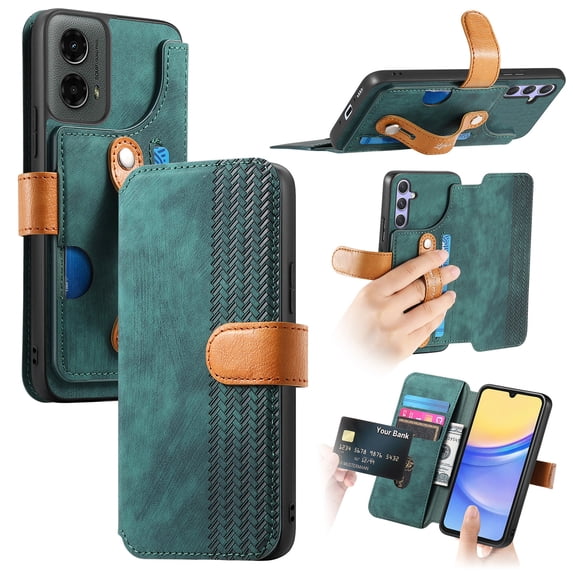 for Motorola Moto G 5G (2024) Wallet Case with Card Slots & Cash Slot【RFID Blocking】, With Wrist Kickstand,Flip Folio Book PU Leather Shockproof Anti-fall Rugged Phone case Cover For Women Men,Green