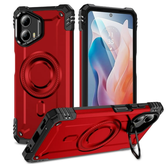 for Motorola Moto G 5G 2025 Armor Case with Camera Cover Stand, Shockproof Protection Support Magnetic Wireless Charger Rugged Cover for Moto G 5G 2025, Support Car Magnetic Holder - Red