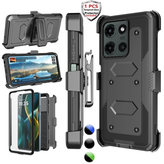 Motorola Moto G 5G 2025 Case with Holster Clip [3-in-1 Rotating Belt Clip & Kickstand] Built-in Screen Protector, Shockproof Full-Body Cover, Wireless Charging Compatible  Black