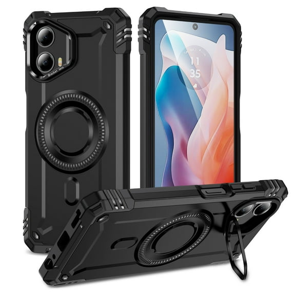 for Motorola Moto G 5G 2025 Case Magnetic with Camera Ring Kickstand, Slim Shockproof Military Protecive Wireless Charging Phone Cover Case Compatible with Moto G 5G 2025, Black
