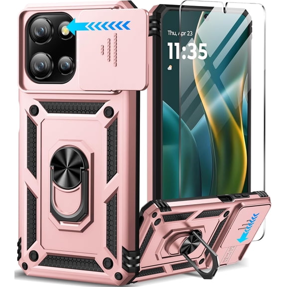 for Motorola Moto G 5G 2025 Case with Screen Protector & Slide Camera Lens Cover, Built-in 360°Rotate Magnetic Ring Stand Shockproof Protective Phone Case for Moto G 2025 Case (Rose Gold)