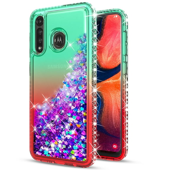 Motorola Moto G Fast Case,  with [Tempered Glass Protector Included] Liquid Floating Glitter Quicksand Bling with Spot Diamond Cover - Green/Red