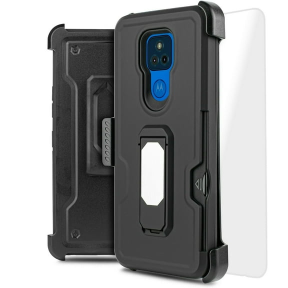 for Motorola Moto G Play 2021 (NOT FIT 2020 Version) Card Slot Magnetic Heavy Duty Shock Absorption Kickstand Armor Case with Belt Swivel Clip Holster Cover with Tempered Glass