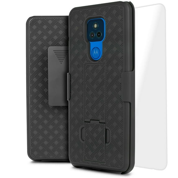 for Motorola Moto G Play 2021 (NOT FIT 2020 Version) with Temper Glass Case Heavy Duty Shock Absorption Kickstand Armor Case with Belt Swivel Clip Holster Cover