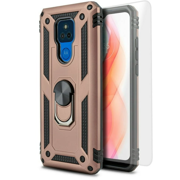 for Motorola Moto G Play 2021 (NOT FIT 2020 Version) with Tempered Glass Ring Phone Case Magnet Mount Ready Slip Guard Grids Pattern Kickstand Hybrid Slim Shock Bumper Cover