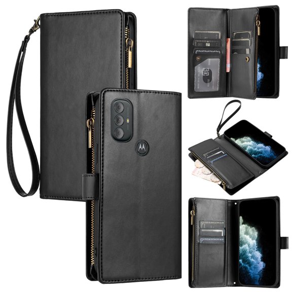Motorola Moto G Play 2023 Case , Card Slots PU Leather Folio Flip Wallet Zipper Compatible with Motorola Moto G Play 2023 Cover - Black
