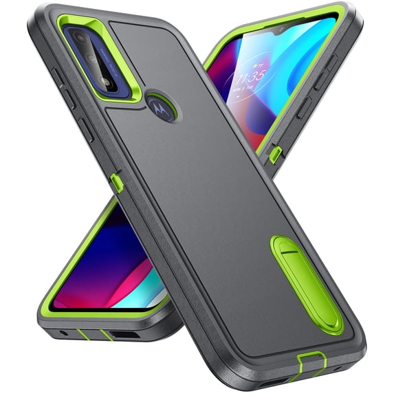 for Motorola Moto G Play (2023) Case Kickstand Durable 3-Layer Military Grade Protective Cover Hybrid Silicone Heavy Duty Rugged Shockproof Screen Lip Raised Protection Cover,
Gray+Green