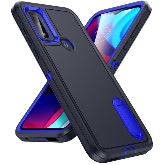 for Motorola Moto G Play (2023) Case Kickstand Durable 3-Layer Military Grade Protective Cover Hybrid Silicone Heavy Duty Rugged Shockproof Screen Lip Raised Protection Cover,
Darkblue+Royalblue