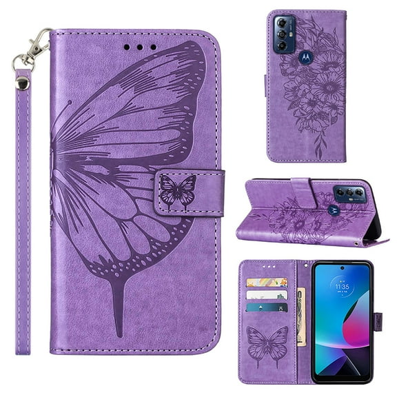 Motorola Moto G Play (2023) Case, Magnetic Folio Butterfly Patterned Wallet Case, Premium PU Leather with Wrist Strap Credit Card Holder Slots Kickstand Cover For Motorola Moto G Play (2023Lightpurple