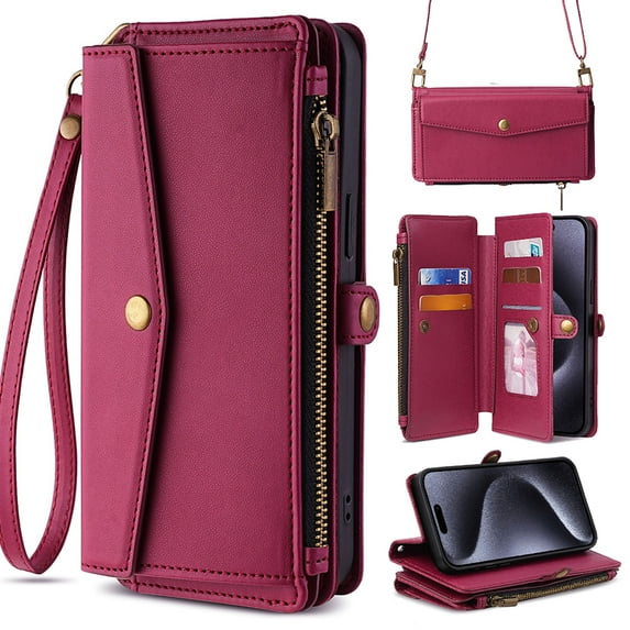 for Motorola Moto G Play 2023 Case Wallet with Card Holder Zipper Bills Slot, Soft PU Leather Detachable Shoulder Strap and Wrist Strap Kickstand for Moto G Play 2023 Rugged Cover, Red