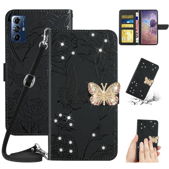 for Motorola Moto G Play 2023 Flower Pattern Wallet Case, with Wrist Hand Strap Crossbody Lanyard, Sparkle Rhinestone Butterfly Cover with Card Slots & Kickstand & Magnetic Clasp Case, Black