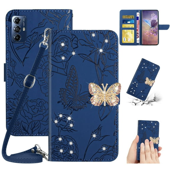 for Motorola Moto G Play 2023 Flower Pattern Wallet Case, with Wrist Hand Strap Crossbody Lanyard, Sparkle Rhinestone Butterfly Cover with Card Slots & Kickstand & Magnetic Clasp Case, Darkblue