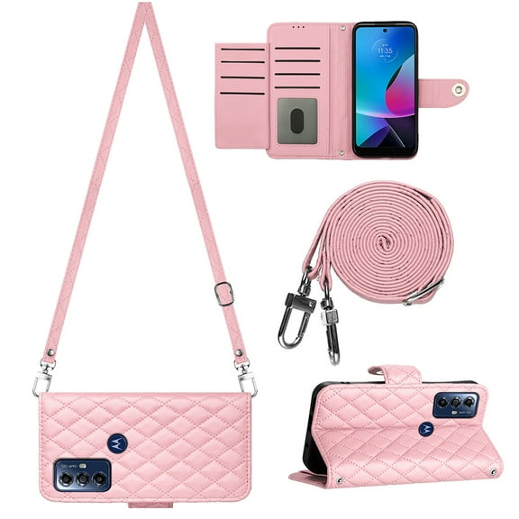 for Motorola Moto G Play 2023 Wallet Case, Elegant Card Holder Cash Slot PU Leather Kickstand Shoulder Strap Shockproof Protective Flip Women Girls Case Cover for Moto G Play 2023, Pink