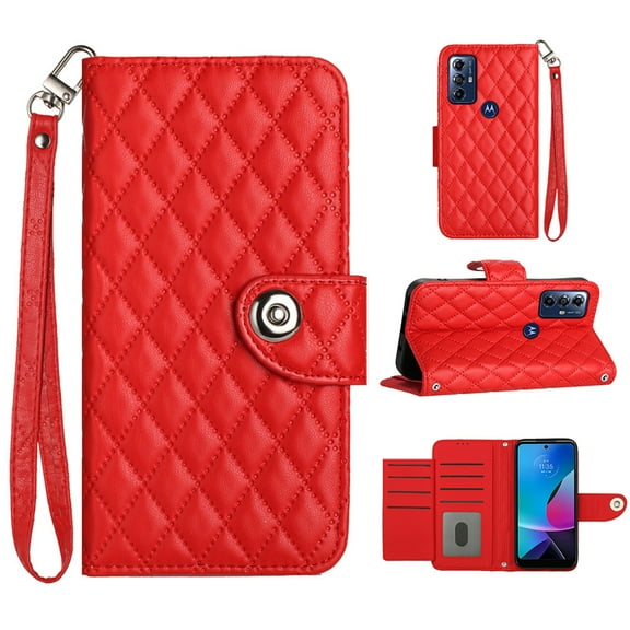 for Motorola Moto G Play 2023 Wallet Case, Elegant Card Holder Cash Slot PU Leather Kickstand Wrist Strap Wallet Shockproof Protective Flip Women Girls Case Cover for Moto G Play 2023, Red