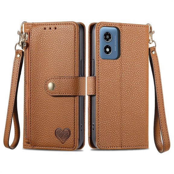 For Motorola Moto G Play 2024 Leather Phone Case Wallet Zipper Pocket Pouch Folio Flip Cover Kickstand, Multi Anti-theft Card Holder Cash Slot, Double Magnetic Buckle, Wrist Lanyard,Brown