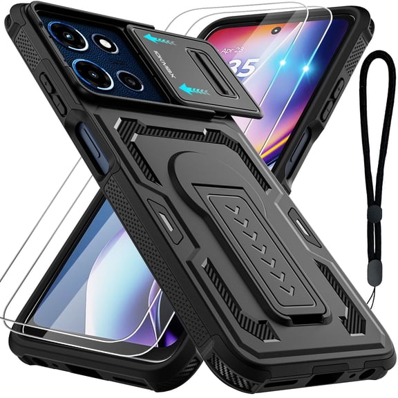 for Motorola Moto G Play 2026 Case, Moto G 2026/2025 Case with 2*Screen Protector, Upgrade Slide Camera Cover/Kickstand/Lanyard Strap, Military Grade Heavy Duty Shockproof Protective Case,Black