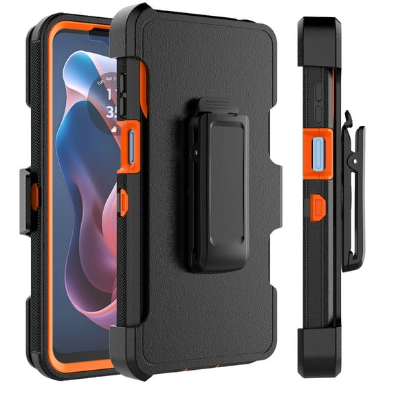 For Motorola Moto G Play 4G 2024 Case with Built-in Screen Protector and Holster Belt Clip, Military Grade Protection Shockproof Kickstand Phone Case Cover for Moto G Play 4G 2024 - Orange