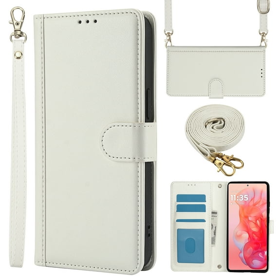 for Motorola Moto G Play 4G 2024 Case with Card Slots and Shoulder Strap, Crossbody Lanyard Purse Cover Flip Stand Premium PU Leather Folio Phone Wallet Case for Moto G Play 4G 2024, White