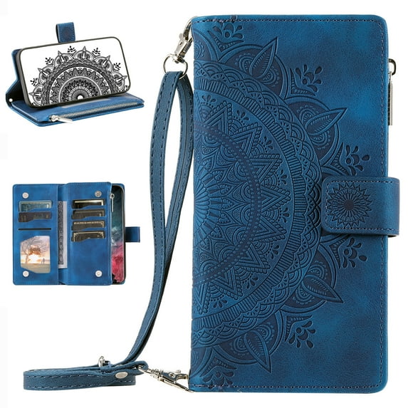for Motorola Moto G Play 4G 2024 Case, Luxury PU Leather Skin with Emboss Totem Pattern Detachable Crossbody Strap + Zipper Cash Pokcet Card Slots Flip Kickstand Wallet Cover, Blue