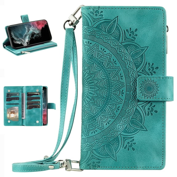 for Motorola Moto G Play 4G 2024 Case, Luxury PU Leather Skin with Emboss Totem Pattern Detachable Crossbody Strap + Zipper Cash Pokcet Card Slots Flip Kickstand Wallet Cover, Green