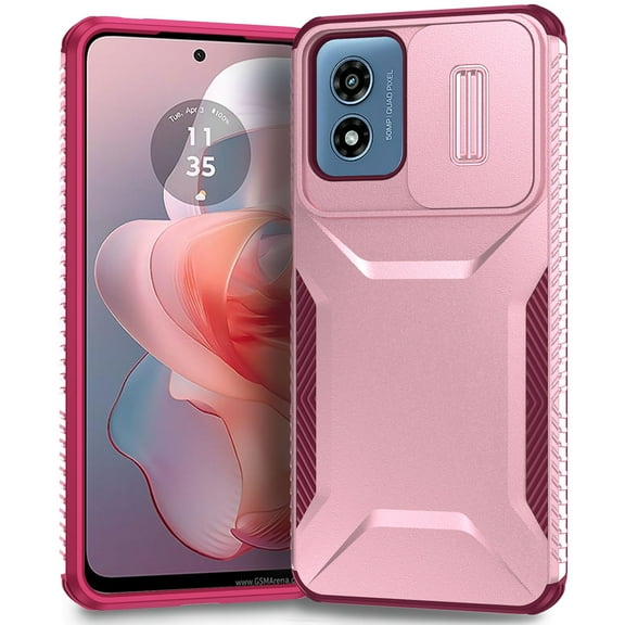 for Motorola Moto G Play 4G 2024 Case with Sliding Camera Lens Cover, Shockproof Rugged Hard PC Back & TPU Edge Military Grade Dual-Layers Protection Non-Slip Phone Case, Pink