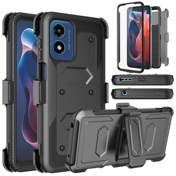 For Motorola Moto G Play 4G 2024 Case, Takfox Heavy Duty Rugged Defender Full Body Protection Phone Case Cover with Swivel Belt Clip Holster & Built in Screen Protector - Black