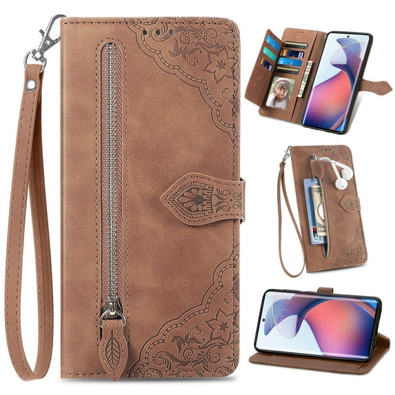 for Motorola Moto G Play 4G 2024 Case for Women, Wallet Case with Zipper Pocket Purse Flower Embossed PU Leather Card Slots Wrist Strap Flip Folio Protective Cover for Moto G Play 4G 2024, Brown
