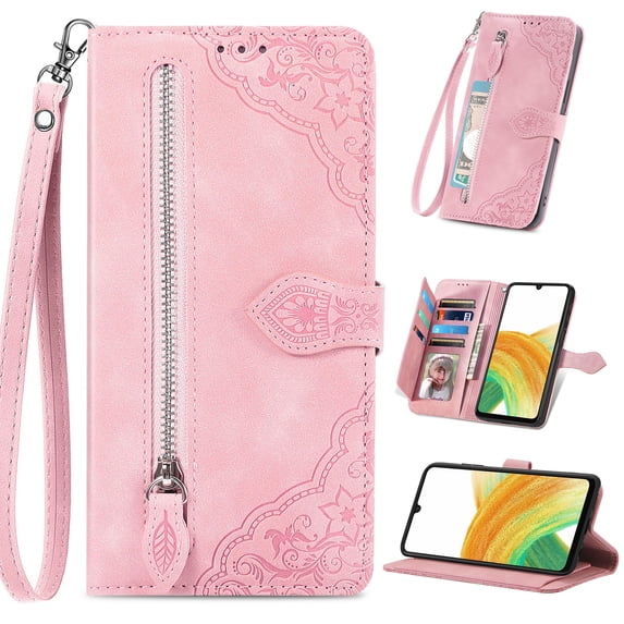 for Motorola Moto G Play 4G 2024 Wallet Case for Men Women, Embossed PU Leather Magnet Buckle Card Slots Zipper Pocket Lanyard Wrist Strap Handbag All-inclusive Protective Case, Pink