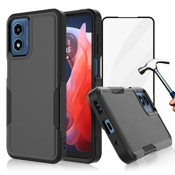 For Motorola Moto G Play 5G 2024 Phone Case,with Tempered Glass Screen Protector, Heavy Duty Rugged Shockproof Full Body Protection Sturdy Durable Cover Cute Bumper for Moto G Play 5G 2024 -Black