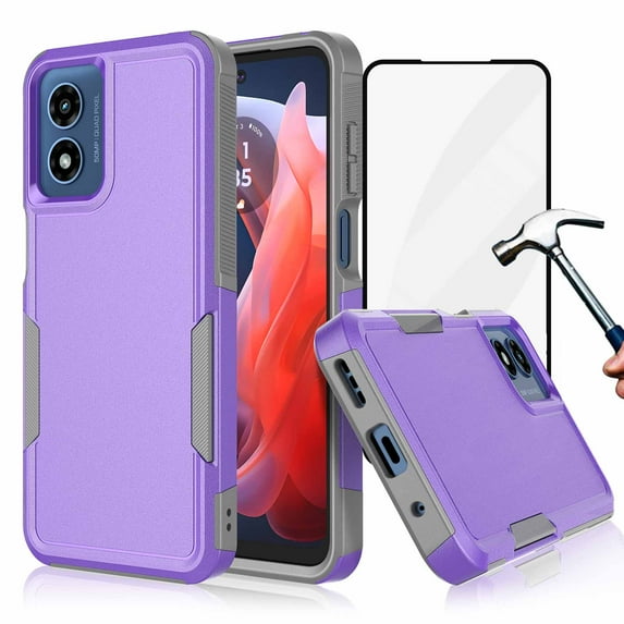 For Motorola Moto G Play 5G 2024 Phone Case,with Tempered Glass Screen Protector, Heavy Duty Rugged Shockproof Full Body Protection Sturdy Durable Cover Cute Bumper for Moto G Play 5G 2024 -Purple