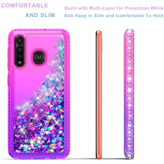 Motorola Moto G Power 2020 Phone Case, Liquid Floating Glitter Quicksand Bling with Spot Diamond Cover - Pink/Purple