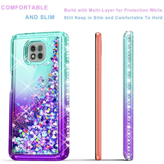 Motorola Moto G Power 2021 Case, Liquid Floating Glitter Quicksand Bling with Spot Diamond Cover - Teal/Purple