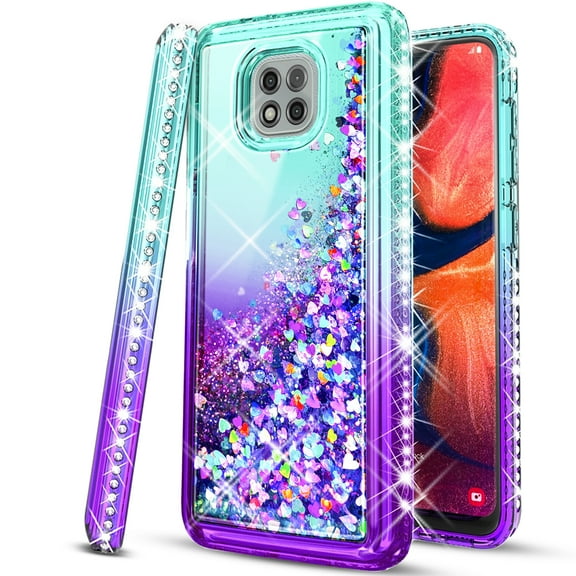 Motorola Moto G Power 2021 Case,  with [Tempered Glass Protector Included] Liquid Floating Glitter Quicksand Bling with Spot Diamond Cover - Teal/Purple
