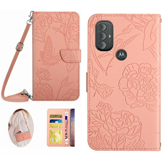 for Motorola Moto G Power 2022/Moto G Pure 2022 Case Wallet,Crossbody Strap Flip Cover with Card Holders Butterfly Embossed Premium PU Leather Kickstand Wrist Strap Magnetic Closure Case,Pink