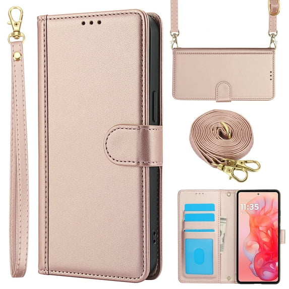 for Motorola Moto G Power 2023 Case with Card Slots and Shoulder Strap, Crossbody Lanyard Purse Cover Flip Stand Premium PU Leather Folio Phone Wallet Case for Moto G Power 2023, Rosegold