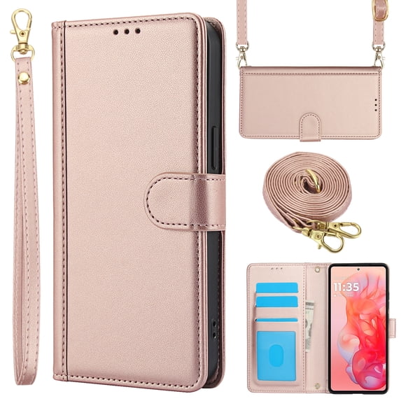for Motorola Moto G Power 2023 Case with Card Slots and Shoulder Strap, Crossbody Lanyard Purse Cover Flip Stand Premium PU Leather Folio Phone Wallet Case for Moto G Power 2023, Rosegold