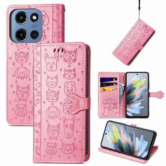 for Motorola Moto G Power 2025 Embossed Pattern Wallet Case with Card Holder, Cute Cat Cartoon PU Leather Flip Kickstand Cover with Magnetic Clasp Wrist Strap for Motorola Moto G Power 2025, Rosegold