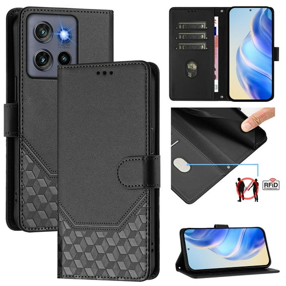 For Motorola Moto G Power (2025) PU Leather Flip Phone Case,With Shoulder Strap&Wrist Strap,Card Holder,Flip Folding Kickstand,Diamond Pattern Embossed,Shockproof RFID Blocking Wallet Case,Black