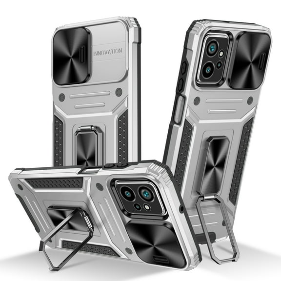 For Motorola Moto G Power 5G (2023) Armor Case, Military-Grade Drop Protection, with Slide Camera Cover & Multi-angle Kickstand, Built-in 360° Rotating Magnetic Stand Rugged Case, Silver