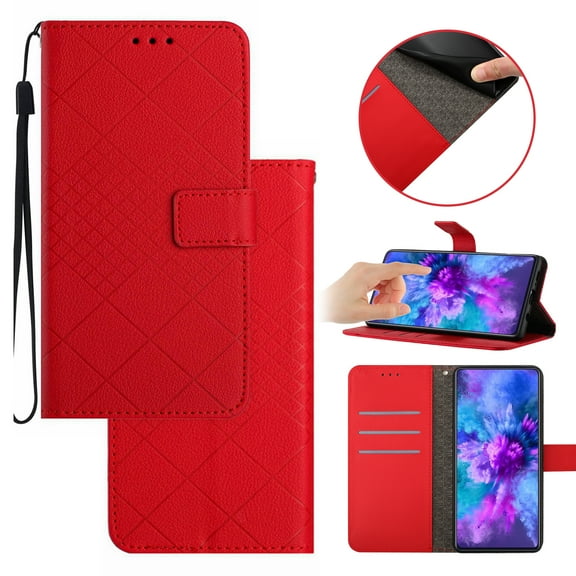 For Motorola Moto G Power 5G (2023) Wallet Case with [RFID Blocking] [Wrist Strap] [Support Kickstand] Leather Lattice Embossed Flip Magnetic Clasp Cover Credit Card Holder Case, Red
