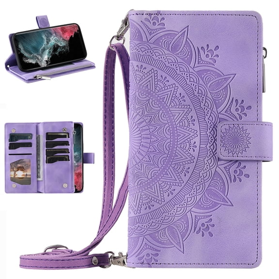for Motorola Moto G Power 5G 2024 Case, Luxury PU Leather Skin with Emboss Totem Pattern Detachable Crossbody Strap + Zipper Cash Pokcet Card Slots Flip Kickstand Wallet Cover, Purple