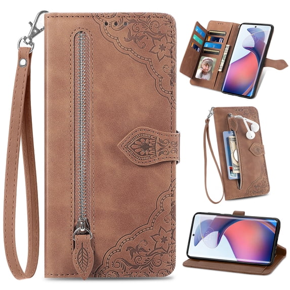 for Motorola Moto G Power 5G 2024 Case for Women, Wallet Case with Zipper Pocket Purse Flower Embossed PU Leather Card Slots Wrist Strap Flip Folio Protective Cover for Moto G Power 5G 2024, Brown