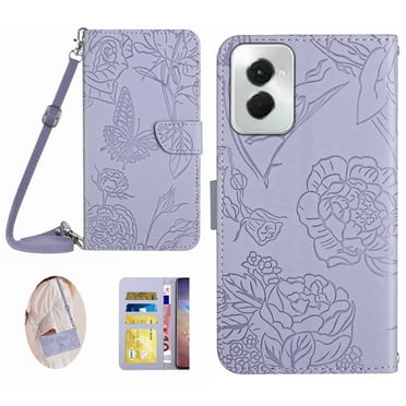 for Motorola Moto G Power 5G 2024 Phone Case Wallet,Crossbody Strap Women Flip Cover with Card Holders Butterfly Embossed Premium PU Leather Kickstand Wrist Strap Magnetic Closure Case,Lightpurple