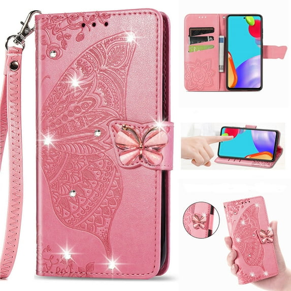 for Motorola Moto G Power 5G 2024 Phone Case Wallet, Women Flip Cover with Credit Card Holders Diamond Emboss Butterfly Flower PU Leather Wrist Strap Kickstand Case for G Power 5G 2024, Pink