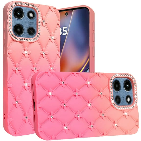 For Motorola Moto G Power 5G 2025 Case, Fashion Flower Design Sparkle Glitter Shimmer Rhinestone Bling Floral Accents, Leather Texture TPU Phone Cover (Orange /Pink)