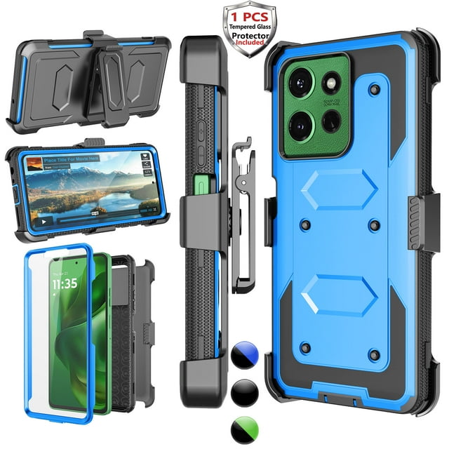 Motorola Moto G Power 5G 2025 Case with Holster Clip [3-in-1 Rotating Belt Clip & Kickstand] Built-in Screen Protector, Shockproof Full-Body Cover, Wireless Charging Compatible – Blue