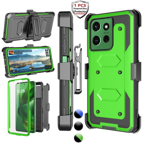 Motorola Moto G Power 5G 2025 Case with Holster Clip [3-in-1 Rotating Belt Clip & Kickstand] Built-in Screen Protector, Shockproof Full-Body Cover, Wireless Charging Compatible – Black