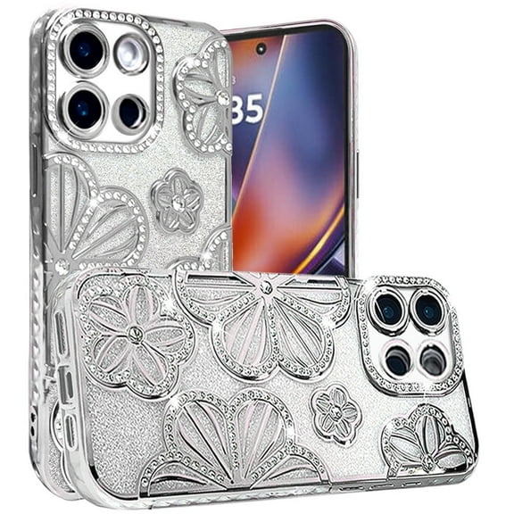 For Motorola Moto G Power 5G 2025 Case, Luxury Flower Design Sparkle Glitter Diamond Rhinestone Shimmer Bling Plating Thick TPU Hard PC Phone Cover (Flower Silver)
